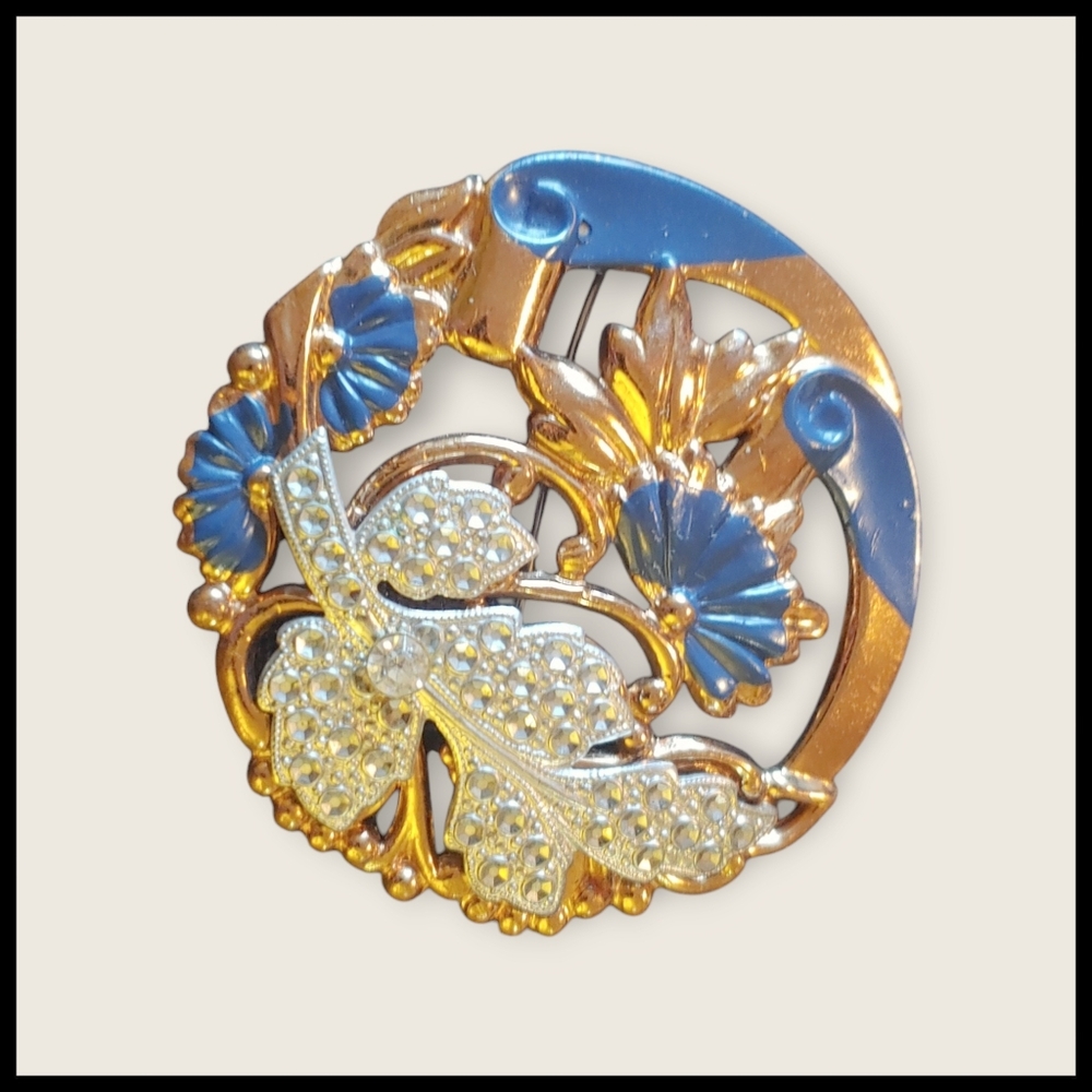 Vintage Enamel, Marcasite, and Rhinestone Brooch